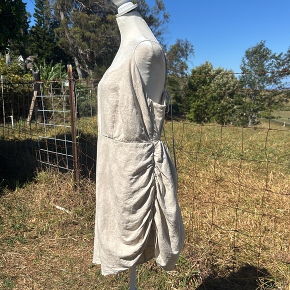 NWT Anthropologie Flat White Linen Asymmetrical Mini Dress Beige Back Cut Out 1X - Picture 6 of 8